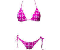 BMB Bikini pink two-piece set with repeating white BMB logo pattern