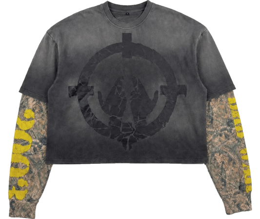 BMB War Tee washed black layered shirt with camo sleeves and yellow graphics