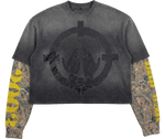 BMB War Tee washed black layered shirt with camo sleeves and yellow graphics