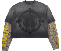 BMB War Tee washed black layered shirt with camo sleeves and yellow graphics
